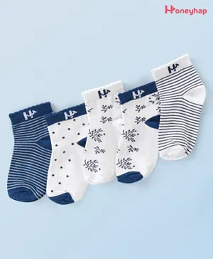 Honeyhap Premium Cotton Bamboo Ankle Length Socks With Bio Finish Stripes & Polka Dot Print Pack Of 5 - Bright White & Wind Surfer Blue