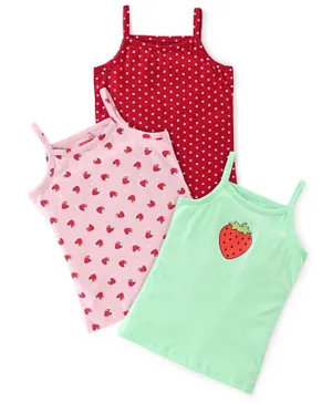 Babyhug 100% Cotton Knit Sleeveless Slips Strawberry & Dotted Print Pack of 3- Red Pink & Green