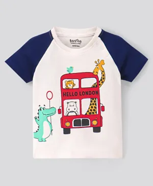 Bonfino 100% Cotton Knit Raglan  Sleeves T-Shirt with Bus & Animal Print - White