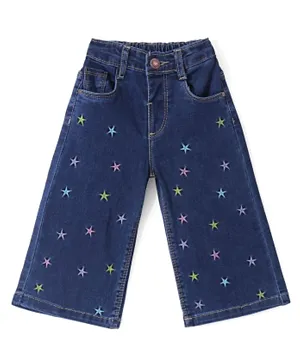 Babyhug Denim Full Length Flared Stretchable Jeans With Star Embroidery - Blue