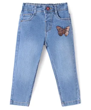 Babyhug Denim Full Length Jeans with Stretch Butterfly Applique - Blue