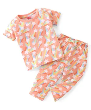 Babyhug Cotton Single Jersey Knit Half Sleeves Night Suit/Co-ord Set Star Print - Peach