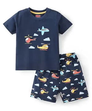 Babyhug Cotton Knit Single Jersey Half Sleeves Night Suit With Aircraft Print - Navy Blue