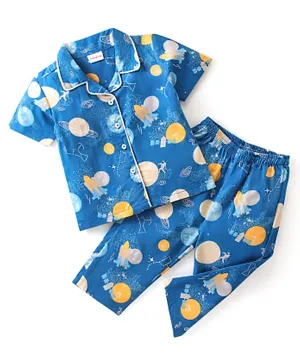 Babyhug Cotton Woven Half Sleeves Night Suit/Co-ord Set Astronaut Print - Blue