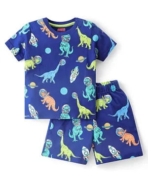 Babyhug Single Jersey Knit Half Sleeves Night Suit/Co-ord Set with Dino Print - Navy Blue