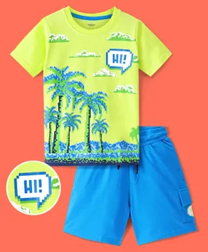 Ollington St. 100% Cotton Knit Half Sleeves T-Shirt & Shorts Set With Beach Theme Print - Lime & Blue