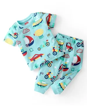 Babyhug Cotton Knit Single Jersey Half Sleeves Night Suit/Co-ord Set With Vehicles Print - Blue