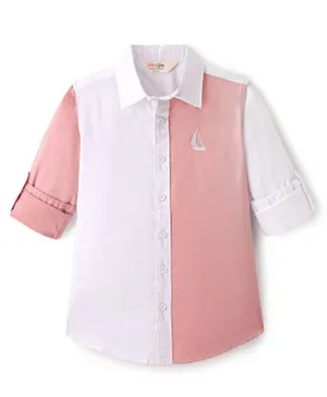 Primo Gino Cotton Lycra Full Sleeves Ship Embroidered Color Block Shirt - Pink & White