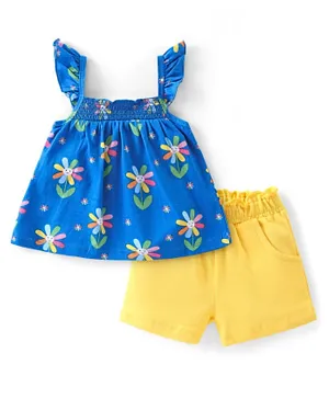 Babyhug 100% Cotton Knit Sleeveless Top & Shorts With Floral Print - Blue & Yellow