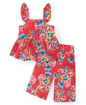 Babyhug Single Jersey Knit Frill Sleeves Top with Pants Set Floral Print - Red