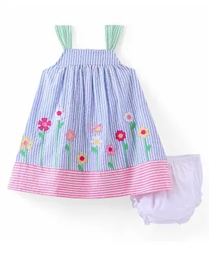 Babyhug Seer-Sucker Knit Sleeveless Striped Frock with Bloomer Floral Embroidery - Multicolor