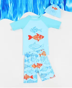 SAPS Fishes Printed Quick Drying Two Piece Swimsuit - Sky Blue