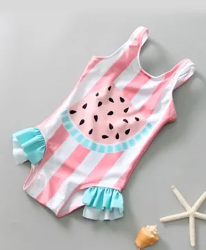 SAPS Watermelon Graphic Quick Drying Ruffled V Cut Swimsuit - Pink/White