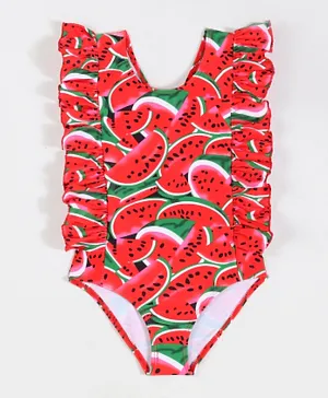 SAPS All Over Watermelons Printed Quick Drying Ruffled V Cut Swimsuit - Red