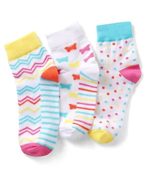 Pine Kids Cotton Spandex Knit Ankle Length Socks with Butterfly & Polka Dots Design Pack Of 3 - Snow White