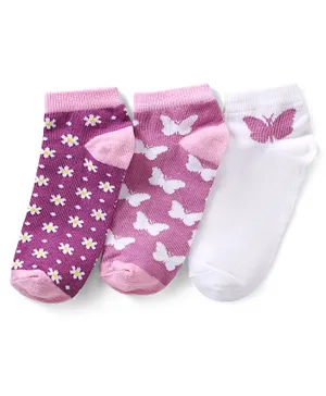 Pine Kids Cotton Spandex Knit Ankle Length Socks with Butterfly Design Pack Of 3 - Snow White & Purple