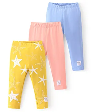 Bonfino 100% Cotton Knit Full Length Leggings Star Fish Print Pack Of 3 - Peach Blue & Yellow