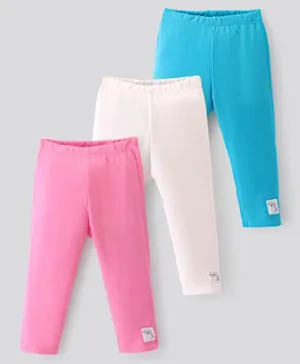 Bonfino 100% Cotton Knit Full Length Patched Leggings Pack of 3 - Blue Ivory & Pink