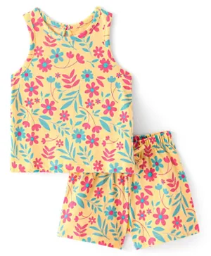 Doodle Poodle 100% Cotton Knit Sleeveless Night Suit/Co-ord Set With Floral Print - Snapdragon Yellow