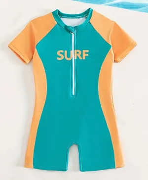 SAPS Surf Theme  Printed Round Neck Legged Swimsuit - Orange & Blue