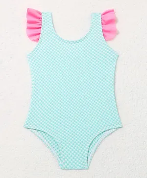SAPS Checked V Cut Frill Sleeves  Swimsuit - Blue