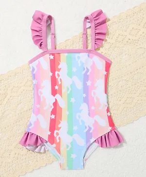 SAPS All Over Unicorn Print Ruffled V Cut Swimsuit - Multicolor