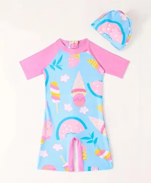 SAPS Ice Cream Themed Printed Legged Swimsuit with Cap - Pink & Blue