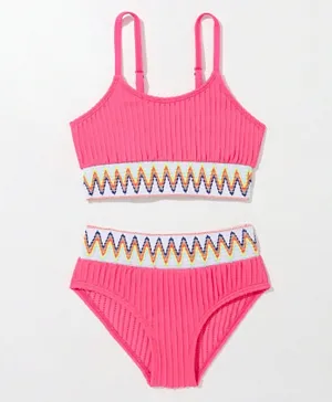 SAPS Zig-Zag Embroidered Two Piece Swimsuit - Fuchsia