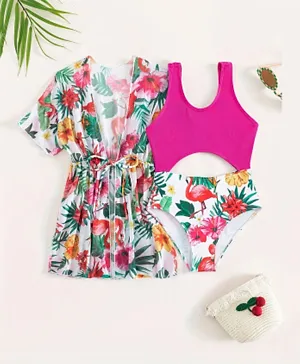 SAPS Floral All Over Printed Two Piece Swim Wear - White & Pink