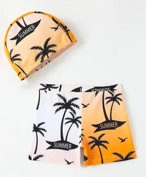 SAPS All Over Palm Trees Printed Swimming Trunks - Orange & White