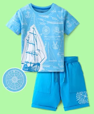 Ollington St. 100% Cotton Knit Half Sleeves T-Shirt & Shorts Set/Co-Ords Set with Boat Print – Blue