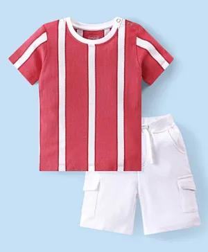 Babyhug Single Jersey Knit Half Sleeves Stripes T-Shirt & Shorts Set - Red & White