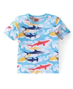 Babyhug Cotton Knit Half Sleeves T-Shirt with Shark Print - Multicolour