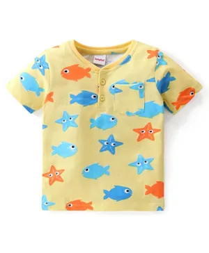 Babyhug Cotton Knit Half Sleeves T-Shirt with Star Fish Print - Yellow