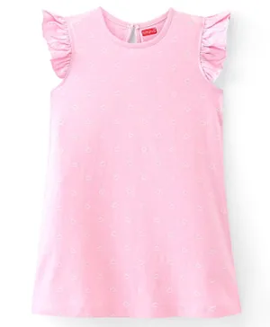 Babyhug Cotton Knit Single Jersey Frill Sleeves Nighty With Heart Print - Pink