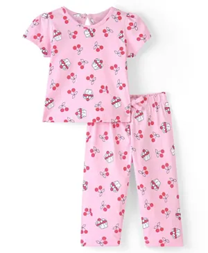 Doodle Poodle 100% Cotton Knit Half Sleeves Night Suit/Co-ord Set With Cherry Print -Pink