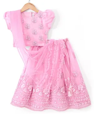 Babyhug Net Half Sleeves Floral Embroidered Choli & Lehenga Set with Dupatta - Pink