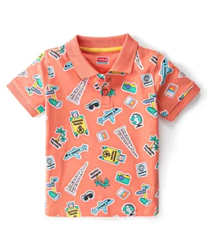 Babyhug Cotton Knit Half Sleeves T-Shirt Travel theme Print - Peach