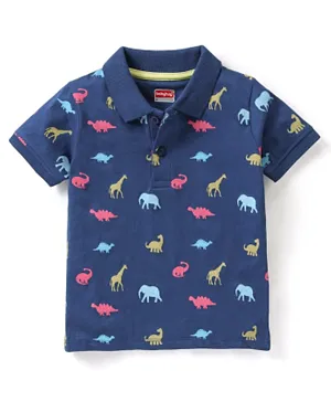 Babyhug Cotton Knit Half Sleeves  Polo T-Shirt with Dino Print - Navy Blue