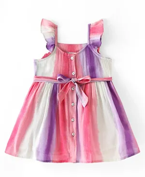 Babyhug Cotton Woven Frill Sleeves Frock with Striped Designs - Multicolor