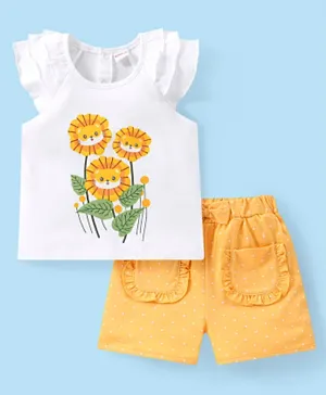 Babyhug Single Jersey Frilled Sleeves Flower Printed Top & Polka Dot Printed Shorts Set - White & Yellow
