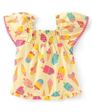 Babyhug 100% Cotton Woven Half Sleeves Top With Smocking, Lace Detailing & Ice Cream Print - Yellow