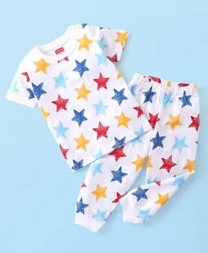 Babyhug Cotton Knit Half Sleeves Night Suit/Co-ord Set Star Print - White