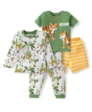 Babyhug Cotton Knit Full & Half Sleeves Night Suits/Co-ord Set With Tiger Print Pack Of 2 - Green/White/Yellow