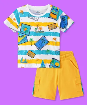 Ollington St. 100% Cotton Knit Half Sleeves Striped T-Shirt & Shorts Set with Stamp Print - Blue/White/Yellow