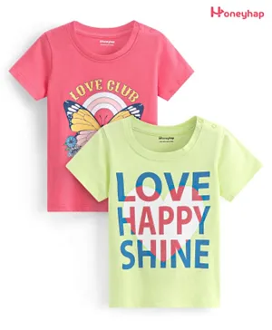 Honeyhap Premium 100% Cotton Jersey Knit Half Sleeves T-Shirt With Bio Finish Text & Butterfly Print Pack of 2  - Coral Paradise Pink &  Shadow Lime