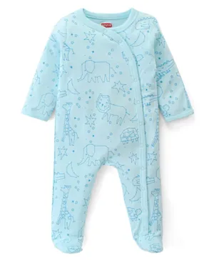 Babyhug Interlock Cotton Knit Full Sleeves Elephant Printed Sleep Suit - Blue