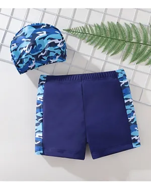 SAPS Wave Printed Swimming Trunks with Swim Cap - Blue
