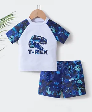 سابس - بدلة سباحة من قطعتين بطباعة ديناصور التيريكس - أبيض وأزرق