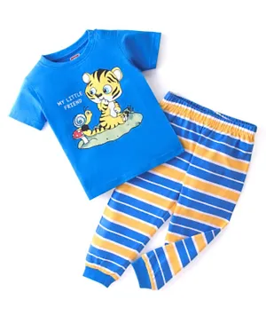 Babyhug Cotton Knit Half Sleeves Night Suit Tiger Print & Stripes - Blue